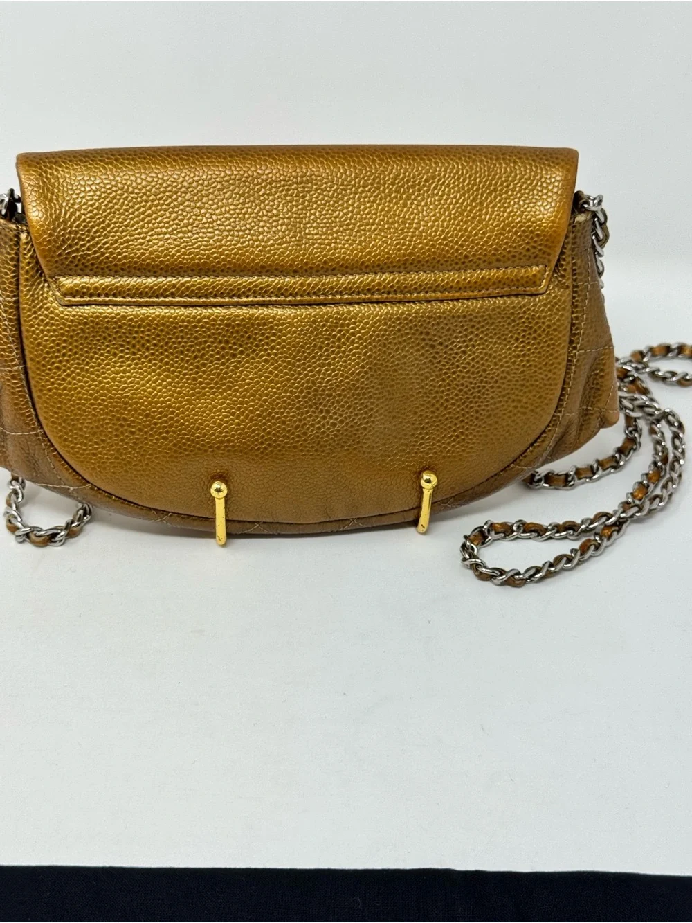 💎💎Preloved Chanel Gold Metallic Mini Half-Moon Caviar Wallet on Chain SHW